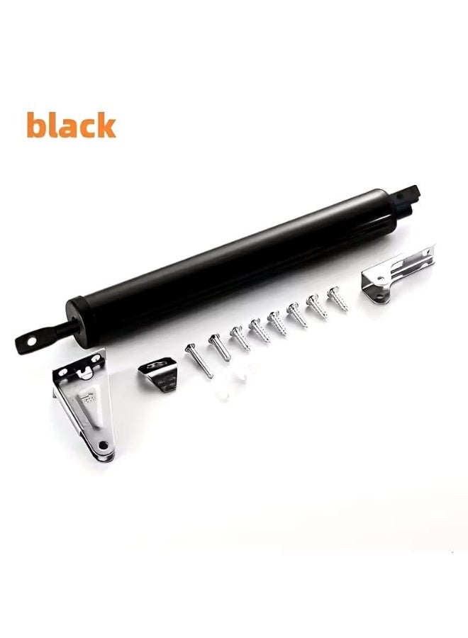 1 piece hydraulic automatic door closer, black color. Its function is to close the door slowly and quietly instead of forcefully. The closing method is hydraulic pressure. The speed and pressure of the closing force can be controlled and adjusted using the adjustment screw at the end of the tube, preventing the door from slamming shut and ensuring a smooth and safe closing. It can also be set to keep the door permanently open; it will not close when the locking clip is engaged. It is used on light to medium weight doors with a maximum load capacity of 25 to 35 kg, such as closet doors or interior wooden or aluminum doors found in residential, commercial, office, restaurant, chalet, or worker accommodation buildings. It is made of aluminum alloy and rust-resistant steel. It is installed using screws on the door frame. Suitable for black doors. The piece is black. - Image 2