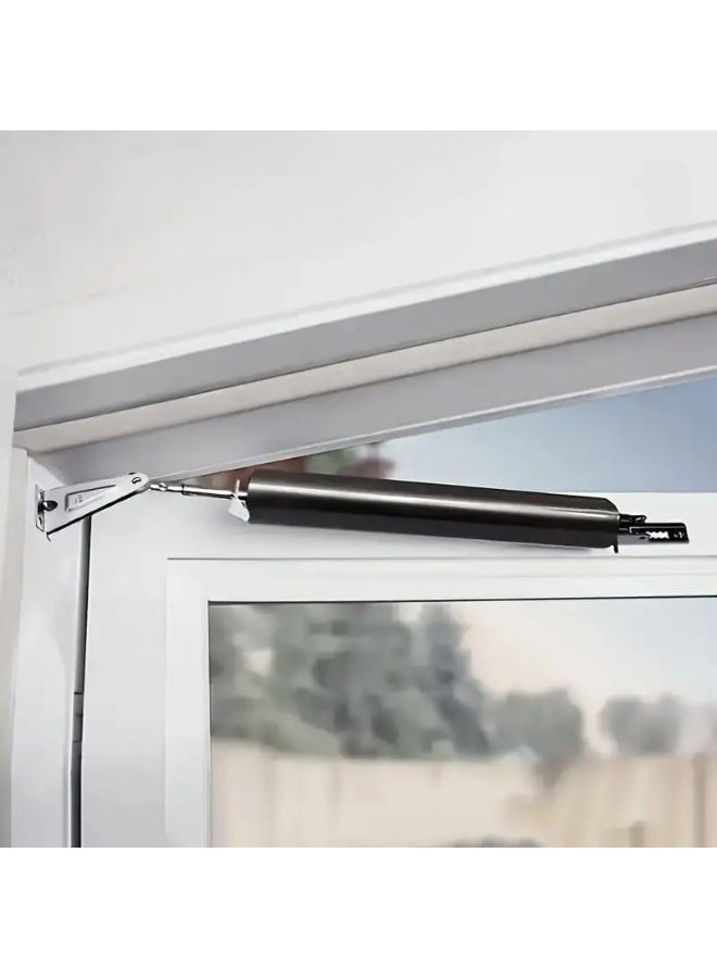 1 piece hydraulic automatic door closer, black color. Its function is to close the door slowly and quietly instead of forcefully. The closing method is hydraulic pressure. The speed and pressure of the closing force can be controlled and adjusted using the adjustment screw at the end of the tube, preventing the door from slamming shut and ensuring a smooth and safe closing. It can also be set to keep the door permanently open; it will not close when the locking clip is engaged. It is used on light to medium weight doors with a maximum load capacity of 25 to 35 kg, such as closet doors or interior wooden or aluminum doors found in residential, commercial, office, restaurant, chalet, or worker accommodation buildings. It is made of aluminum alloy and rust-resistant steel. It is installed using screws on the door frame. Suitable for black doors. The piece is black. - Image 4