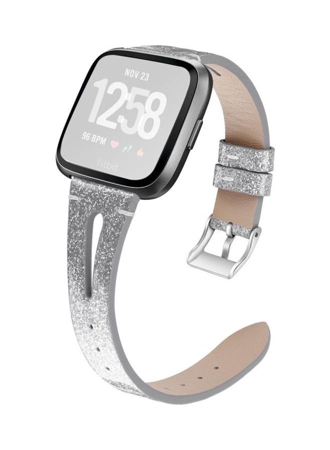 NIBEMINENT Cowhide Pointed Tail Open Leather Strap For Fitbit Versa 2 Shiny Silver - Image 1
