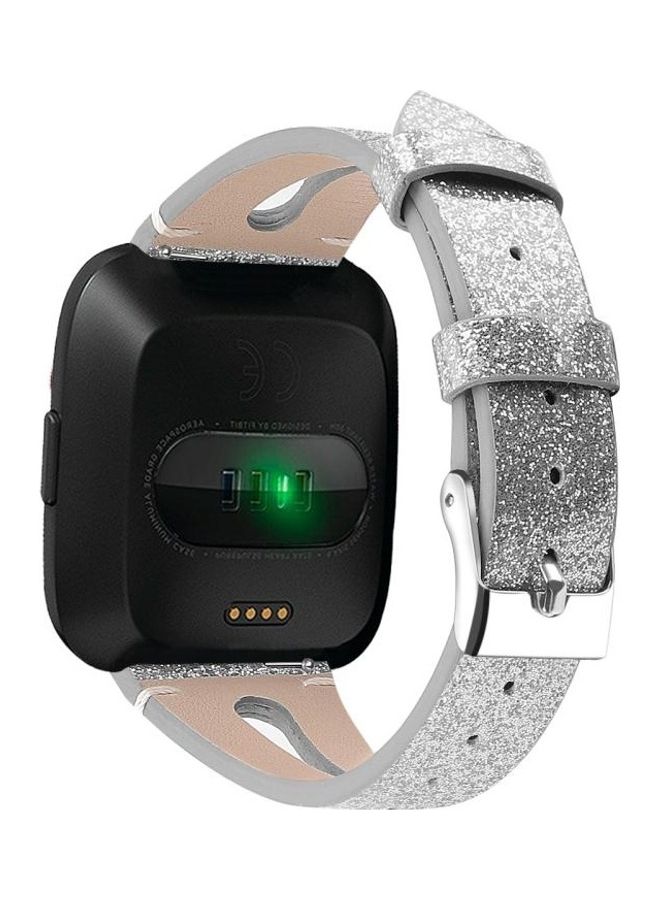 NIBEMINENT Cowhide Pointed Tail Open Leather Strap For Fitbit Versa 2 Shiny Silver - Image 2