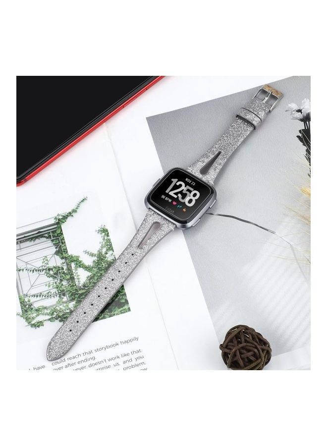 NIBEMINENT Cowhide Pointed Tail Open Leather Strap For Fitbit Versa 2 Shiny Silver - Image 5