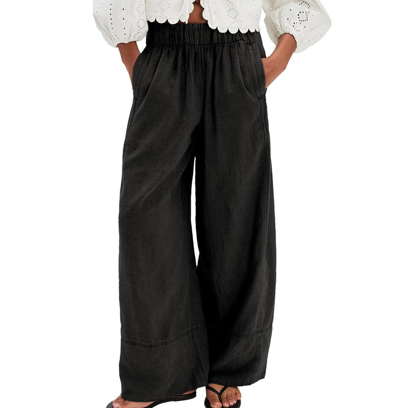 SeeLuNa Linen Pants for Women Cotton Baggy Boho Casual Palazzo Pants Wide Leg Long Lounge Trousers with Pockets(Black,M) - Image 1