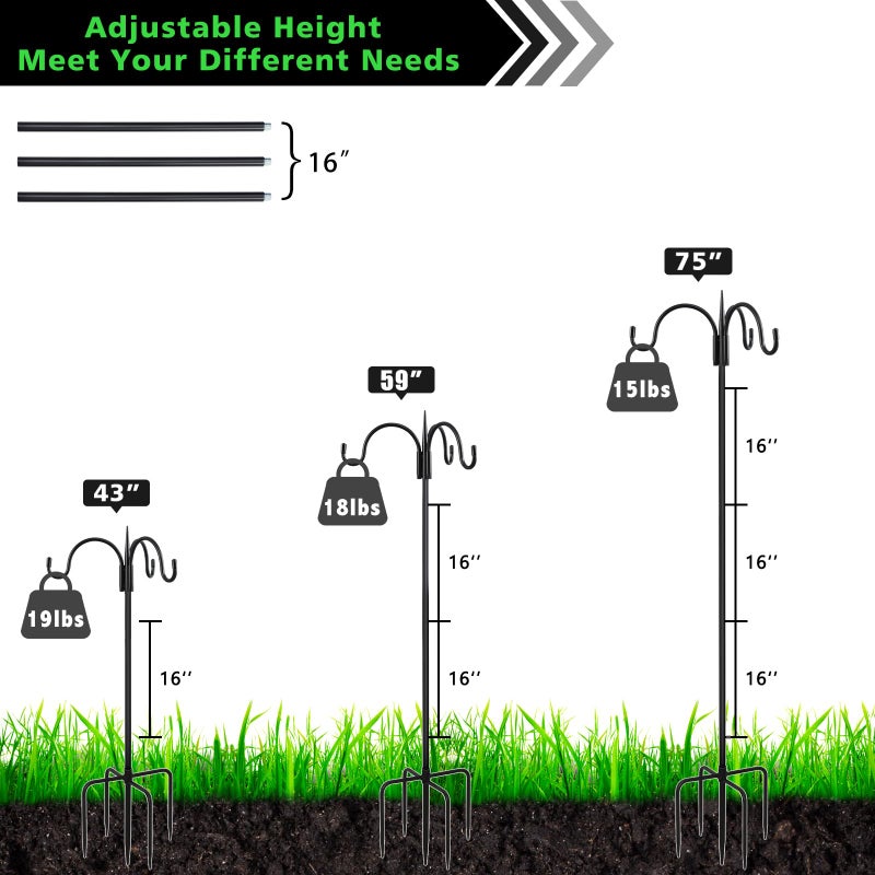 FEED GARDEN حديقة التغذية [نسخة محدثة 76 بوصة ثلاثة خطافات راعٍ للخارج، عمود مغذي الطيور مع قاعدة 5 مخالب، خطافات راعٍ قابلة للتعديل لتعليق النباتات، والفوانيس الشمسية، وأجراس الرياح، عبوة واحدة. - Image 2