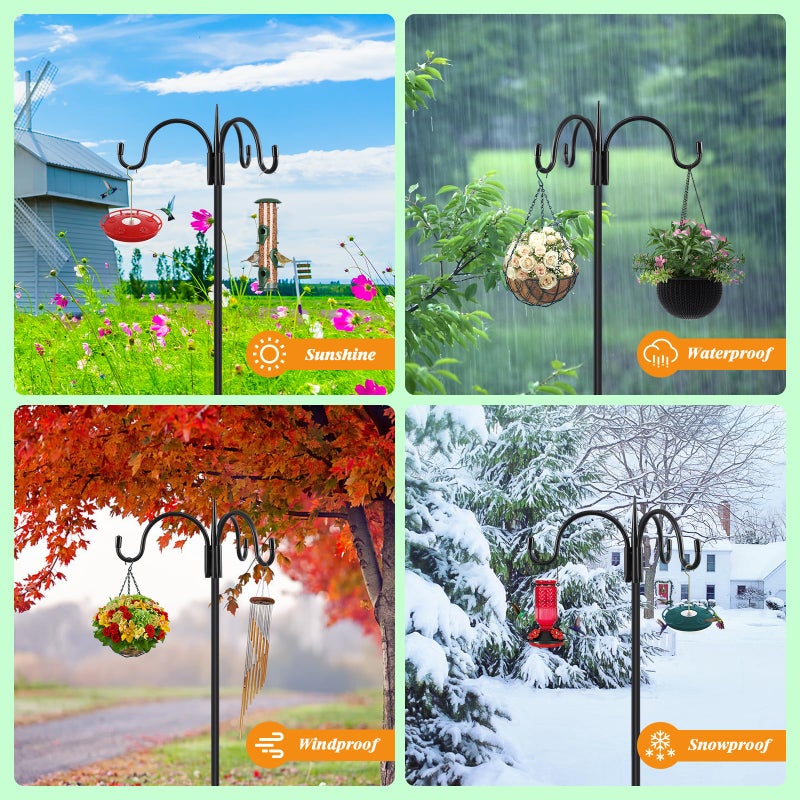 FEED GARDEN حديقة التغذية [نسخة محدثة 76 بوصة ثلاثة خطافات راعٍ للخارج، عمود مغذي الطيور مع قاعدة 5 مخالب، خطافات راعٍ قابلة للتعديل لتعليق النباتات، والفوانيس الشمسية، وأجراس الرياح، عبوة واحدة. - Image 4
