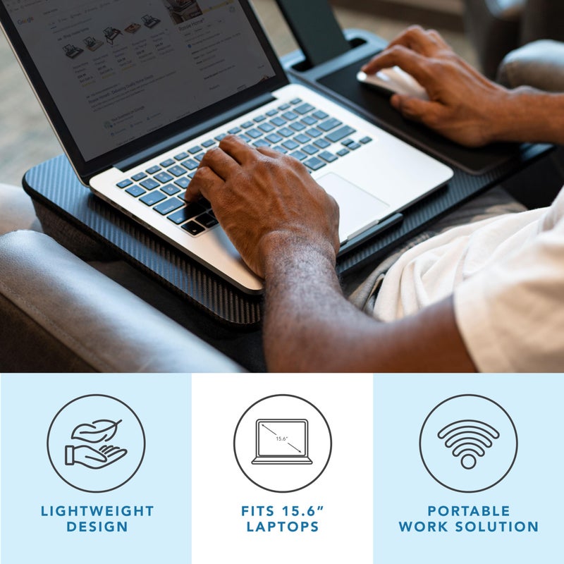 LapGear طاولة مكتب منزلية LAPGEAR مع حافة للأجهزة، وسادة ماوس، وحامل هاتف - كربون أسود - تناسب حتى أجهزة الكمبيوتر المحمولة بحجم 15.6 إنش - رقم الطراز 91588 - Image 2