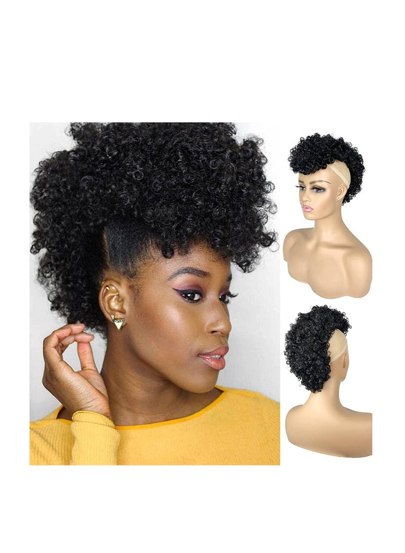 Excefore Afro High Puff Hair Bun, Deep Curly Black Mohawk Ponytail Wigs for Black Women, Afro Puff with Bangs Faux Mohawk Hair Piece, Natural Black Mohawk Hair Wigs for Woman with 6 BB Clips - Image 1