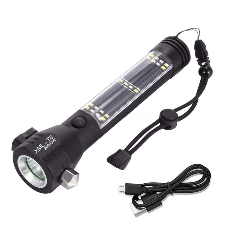 TRIVYOM 7 Mode Aluminium Solar LED High Power Searchlight Builtin Torch Flashlight Car Emergency Tool with Window Breaker Magnet Cutter Compass for Travel Camping Hiking Indoor Outdoor Black  - Image 1