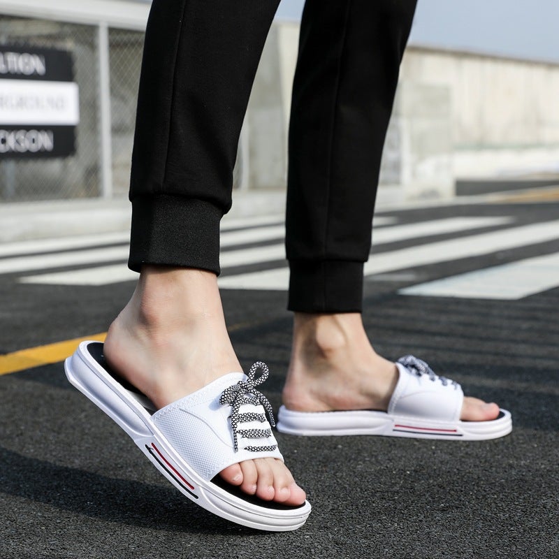 Summer Slippers Flat Solid Color Strap Casual Mens Sandals Fashionable Non-Slip Plastic Korean Style One-Thong Beach Shoes White