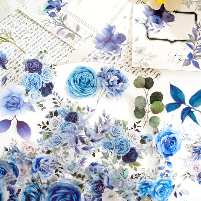 Obujopal 100 Pcs Blue Flower Stickers, Wildflower Stickers for Scrapbooking Junk Journal Card Making Collage Notebook Diary Planner Letter Envelope Water Bottle Phone Case Craft Decoration (Blue) - Image 3