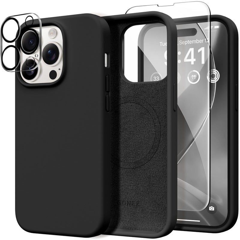 GONEZ for iPhone 14 Pro Max Case Silicone, Compatible with MagSafe, with Screen Protector + Camera Lens Protector, Liquid Silicone Shockproof Protective Phone 14 ProMax Case 6.7", Black - Image 1