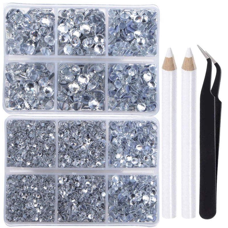 LPBeads 6400 Pieces Hotfix Rhinestones Clear Flat Back 5 Mixed Sizes Crystal Round Glass Gems with Tweezers and Picking Rhinestones Pen - Image 1