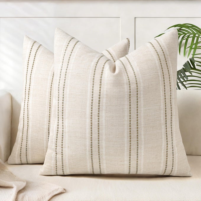 20X20 DECORATIVE FARMHOUSE LINEN BLEND THROW PILLOW COVERS BOHO TEXTURED PILLOW CASE SET OF 2 BEIGE WITH WHITE BROWN STITCH YARN DYED STRIPE CUSHION COVER FOR SOFA LIVING ROOM COVER O