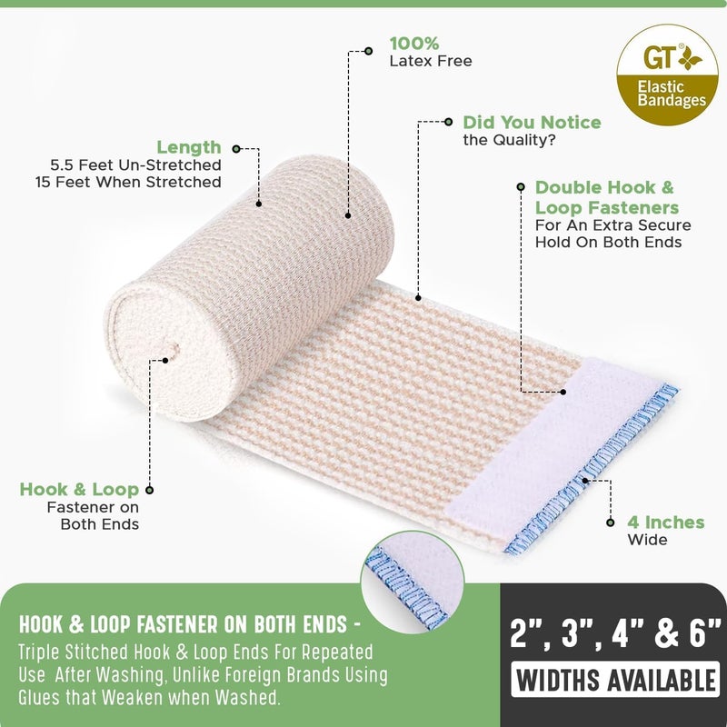 GT Premium Elastic Bandage Wrap (4" 2Pack & 3" 2Pack) - Hook & Loop Fasteners at Both Ends - Latex Free Hypoallergenic Compression Roll - Reusable Bandages for Waist, Legs, Elbow & Knee Wrap - Image 2