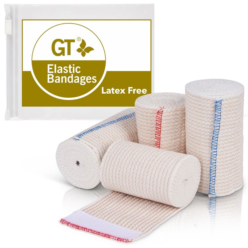 GT Premium Elastic Bandage Wrap (4" 2Pack & 3" 2Pack) - Hook & Loop Fasteners at Both Ends - Latex Free Hypoallergenic Compression Roll - Reusable Bandages for Waist, Legs, Elbow & Knee Wrap - Image 1