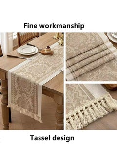 كوتيس 1 قطعة طاولة شرابة جارلاند قطن وكتان أبيض/بني 180x35 سم  - Image 2
