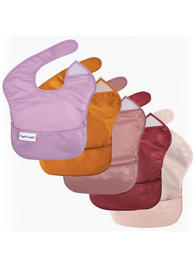 Tiny Twinkle Mess Proof Baby Bibs for Eating - Waterproof, Wipeable Bibs - Toddler Bibs - Travel Friendly - PFAS, PVC, BPA, Phthalate Free - Baby Food Bibs(5 Pack,Girl Solids) - Image 1