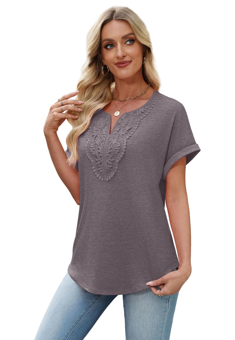 Sipaya Business Casual Outfits for Women Blouses Dressy Casual Short Sleeve Tops for Curvy Women Summer V Neck Tees Lace Front Coffee Grey L - Image 4