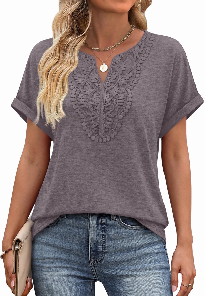 Sipaya Business Casual Outfits for Women Blouses Dressy Casual Short Sleeve Tops for Curvy Women Summer V Neck Tees Lace Front Coffee Grey L - Image 1