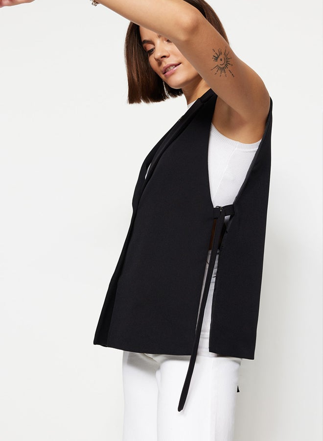 trendyol Black Oversize Accessory Side Tie Detail Single Button Lined Woven Vest - Image 4