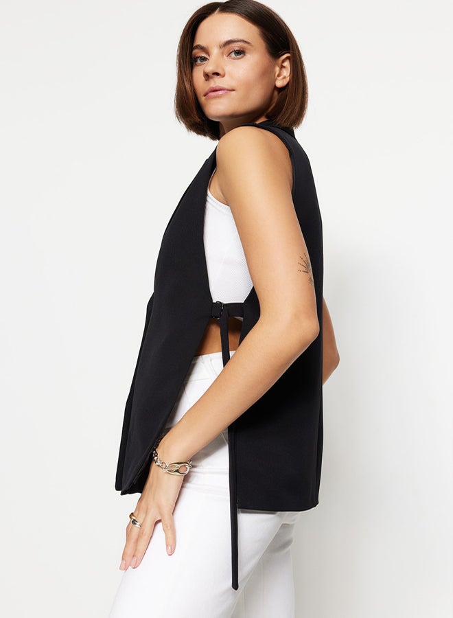 trendyol Black Oversize Accessory Side Tie Detail Single Button Lined Woven Vest - Image 2