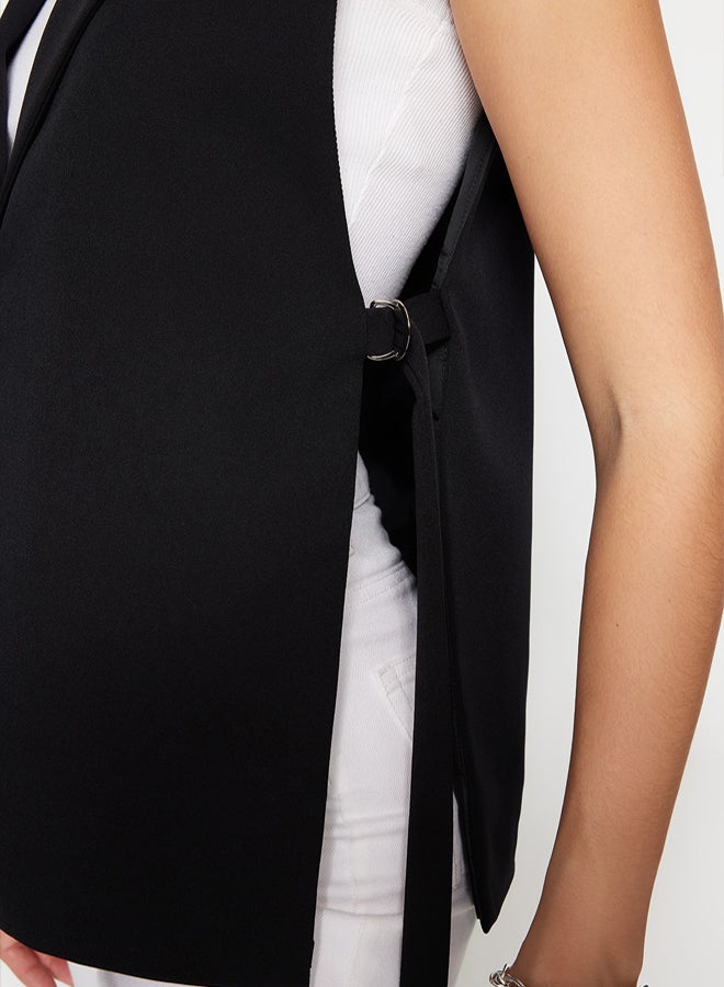 trendyol Black Oversize Accessory Side Tie Detail Single Button Lined Woven Vest - Image 5