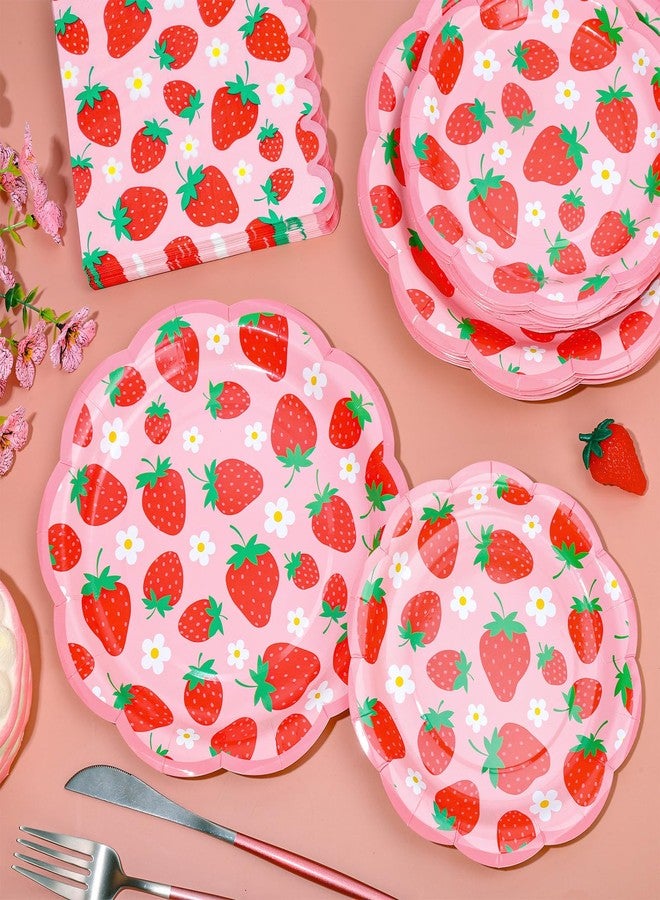 Whaline 72 Pcs Strawberry Scalloped Tableware Set Pink Red Strawberry Flower Disposable Plates and Paper Napkins for 24 Guests Summer Fruit Baby Shower Party Table Supplies - Image 3