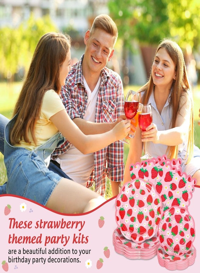 Whaline 72 Pcs Strawberry Scalloped Tableware Set Pink Red Strawberry Flower Disposable Plates and Paper Napkins for 24 Guests Summer Fruit Baby Shower Party Table Supplies - Image 5
