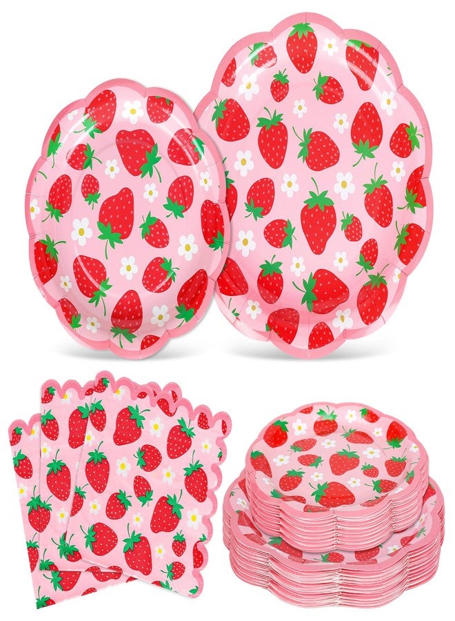 Whaline 72 Pcs Strawberry Scalloped Tableware Set Pink Red Strawberry Flower Disposable Plates and Paper Napkins for 24 Guests Summer Fruit Baby Shower Party Table Supplies - Image 1