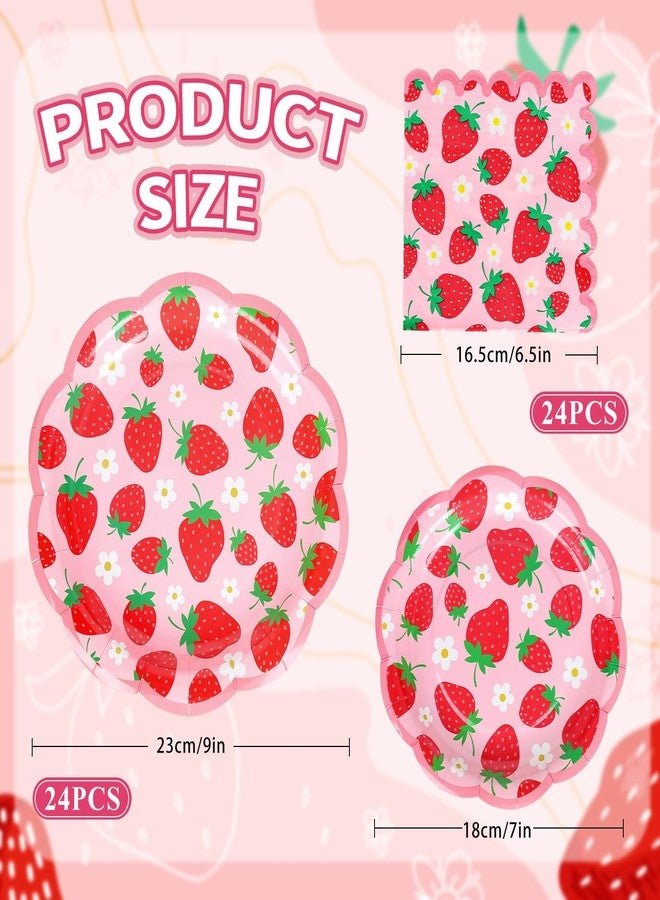 Whaline 72 Pcs Strawberry Scalloped Tableware Set Pink Red Strawberry Flower Disposable Plates and Paper Napkins for 24 Guests Summer Fruit Baby Shower Party Table Supplies - Image 2