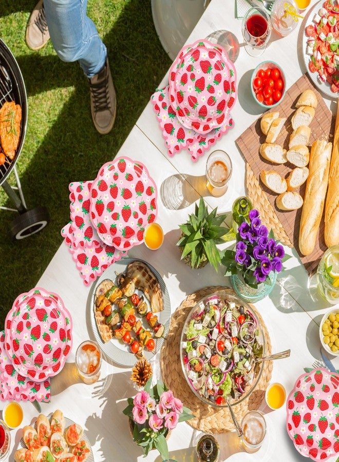 Whaline 72 Pcs Strawberry Scalloped Tableware Set Pink Red Strawberry Flower Disposable Plates and Paper Napkins for 24 Guests Summer Fruit Baby Shower Party Table Supplies - Image 4