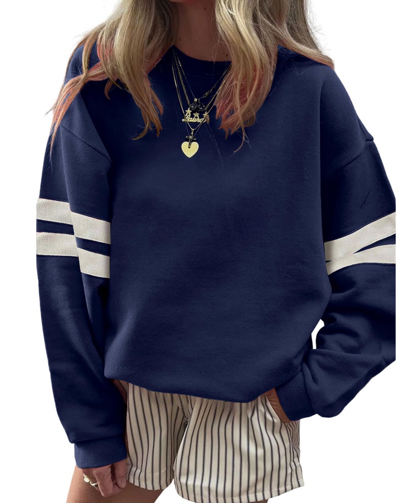 KevaMolly Womens Varsity Striped Oversized Sweatshirt Drop Shoulder Long Sleeve Casual Fashion Pullover Top Navy M - Image 1