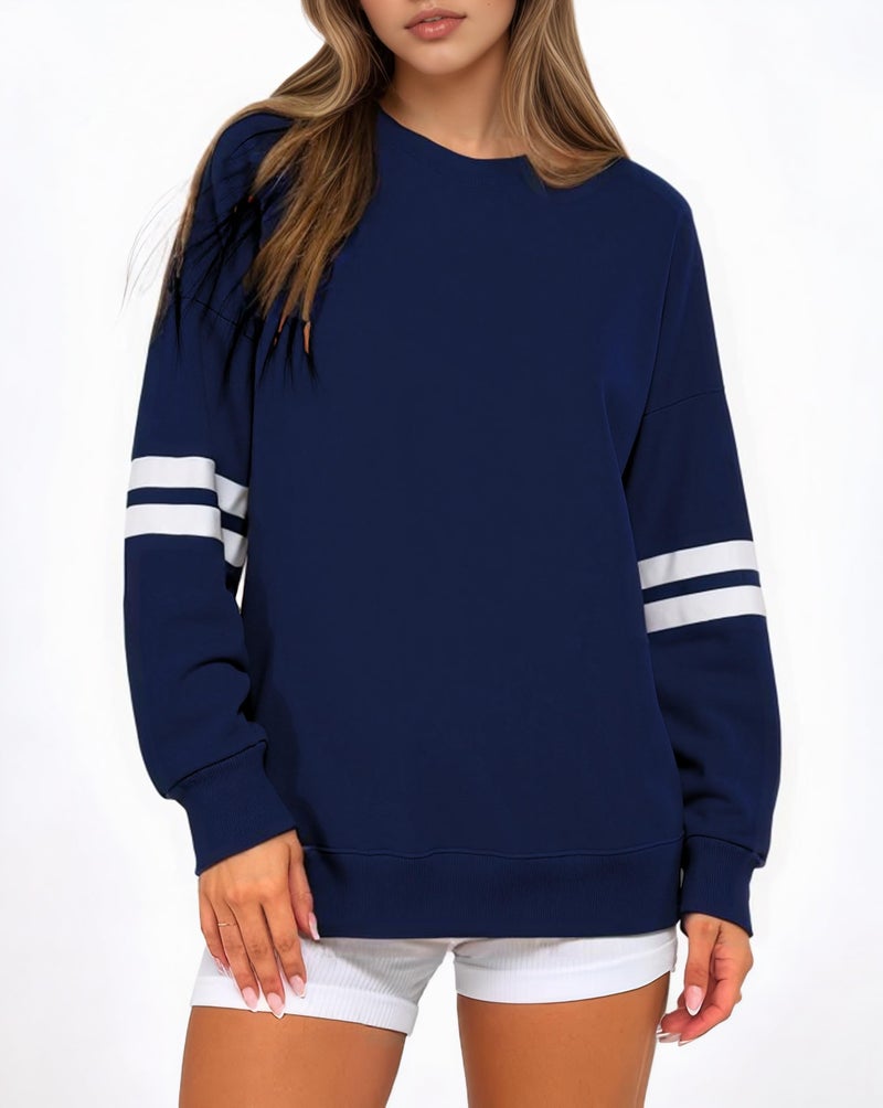 KevaMolly Womens Varsity Striped Oversized Sweatshirt Drop Shoulder Long Sleeve Casual Fashion Pullover Top Navy M - Image 4