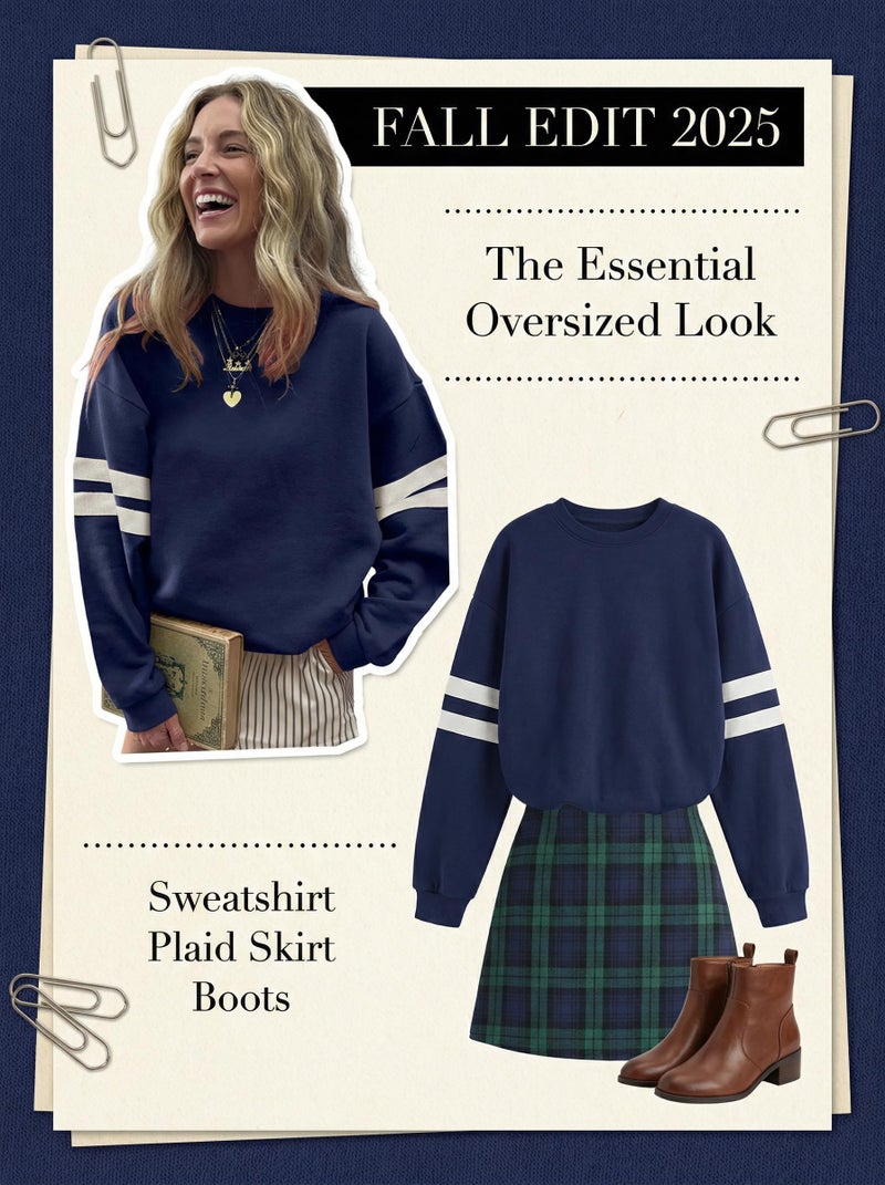 KevaMolly Womens Varsity Striped Oversized Sweatshirt Drop Shoulder Long Sleeve Casual Fashion Pullover Top Navy M - Image 5