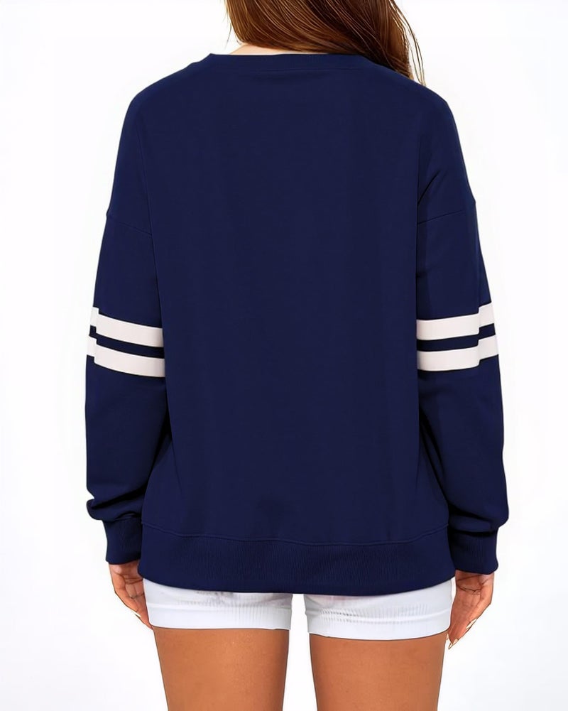 KevaMolly Womens Varsity Striped Oversized Sweatshirt Drop Shoulder Long Sleeve Casual Fashion Pullover Top Navy M - Image 3