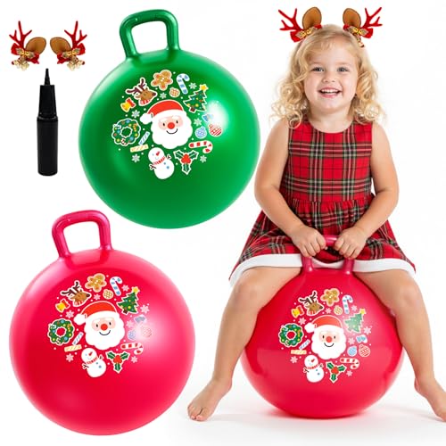 EVERICH TOY 2Pack Hopper Ball for Kids 18In Sit On Bouncy Ball with Handle with Christmas Reindeer Ears The Top Green Red Christmas Boys Girls Gifts for 4 5 6 7 8 Yr Old Indoor Outdoor Active Play - Image 1