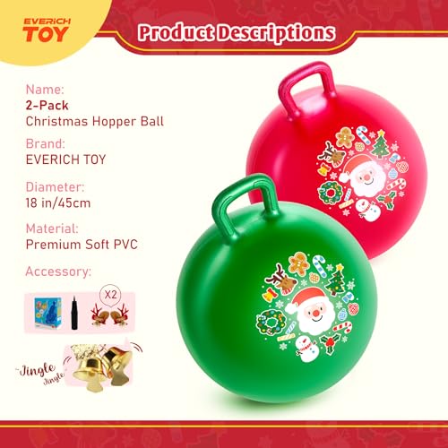EVERICH TOY 2Pack Hopper Ball for Kids 18In Sit On Bouncy Ball with Handle with Christmas Reindeer Ears The Top Green Red Christmas Boys Girls Gifts for 4 5 6 7 8 Yr Old Indoor Outdoor Active Play - Image 5