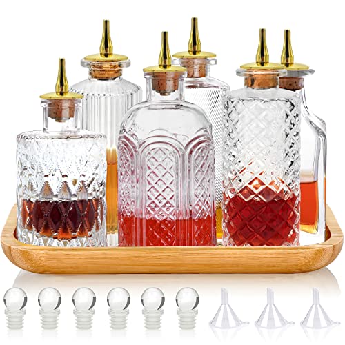 LINALL Bitters Bottle Set of 6 - Glass Vintage Bottles with Tray Decorative Bottles with Dash Top and Bottle Stopper Dasher Bottles for Making Cocktail Great For Bartender Home Bar - Image 1