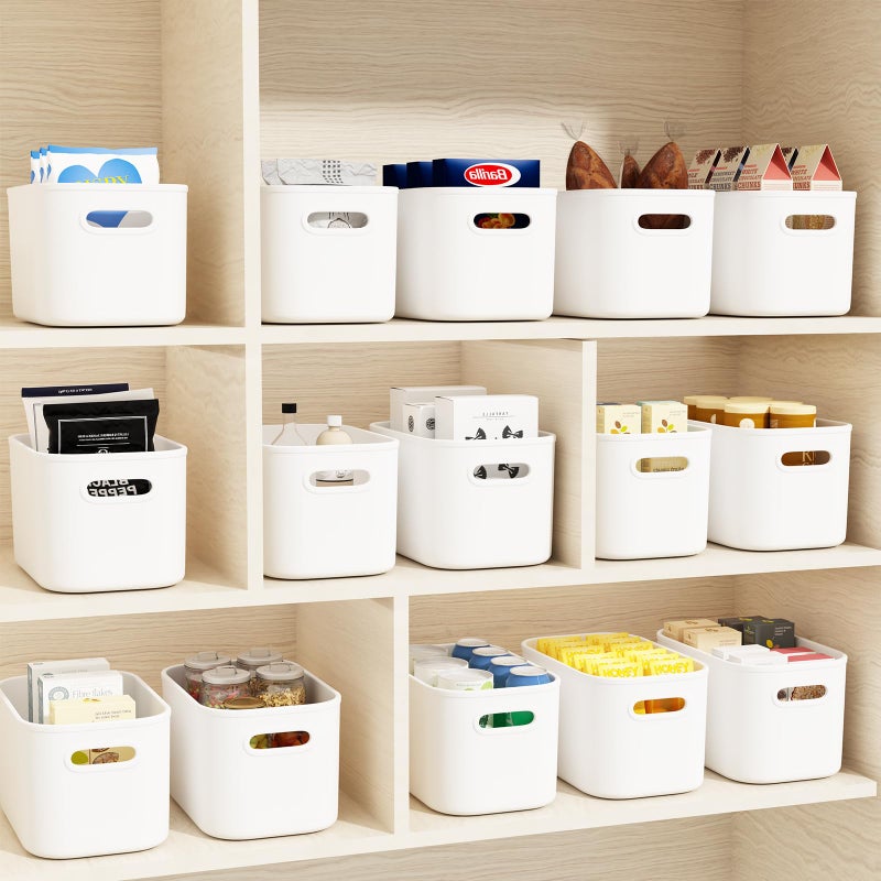 ORGIDOL 12 Pack White Plastic Storage Bins, Storage Container for Organizing, Storage Boxes with Handle for Shelves, Cute Organizer Bins for Craft, Snacks, Pantry, Cabinet, 9.69x6.7x5.7 inch - Image 3