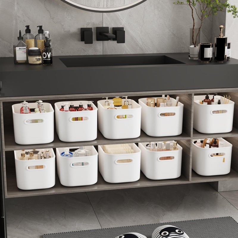 ORGIDOL 12 Pack White Plastic Storage Bins, Storage Container for Organizing, Storage Boxes with Handle for Shelves, Cute Organizer Bins for Craft, Snacks, Pantry, Cabinet, 9.69x6.7x5.7 inch - Image 4