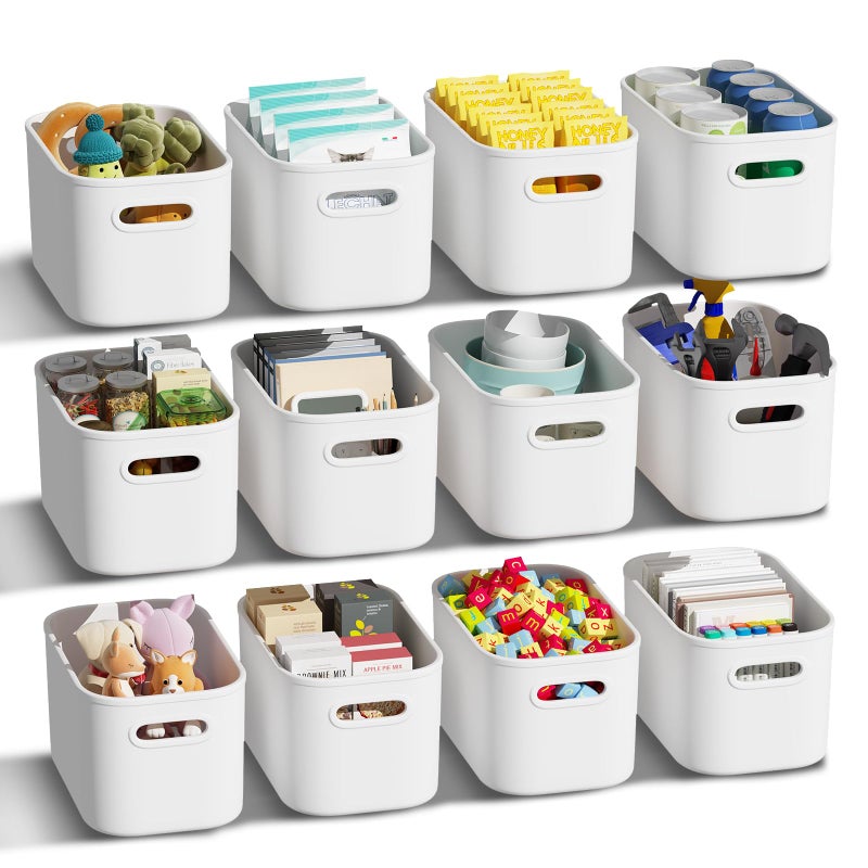 ORGIDOL 12 Pack White Plastic Storage Bins, Storage Container for Organizing, Storage Boxes with Handle for Shelves, Cute Organizer Bins for Craft, Snacks, Pantry, Cabinet, 9.69x6.7x5.7 inch - Image 1
