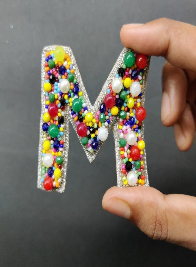 Abeo Handcrafted Multicolour Beaded Letter M Brooch, 5-6 cm, Traditional Embroidered Design for Saree, Dress, Jacket - Image 5