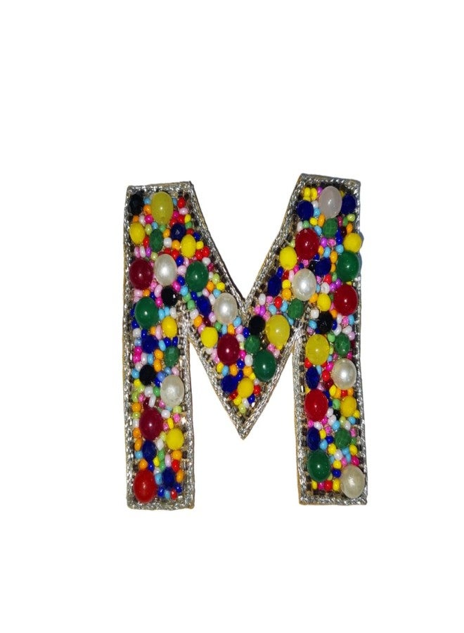 Abeo Handcrafted Multicolour Beaded Letter M Brooch, 5-6 cm, Traditional Embroidered Design for Saree, Dress, Jacket - Image 2