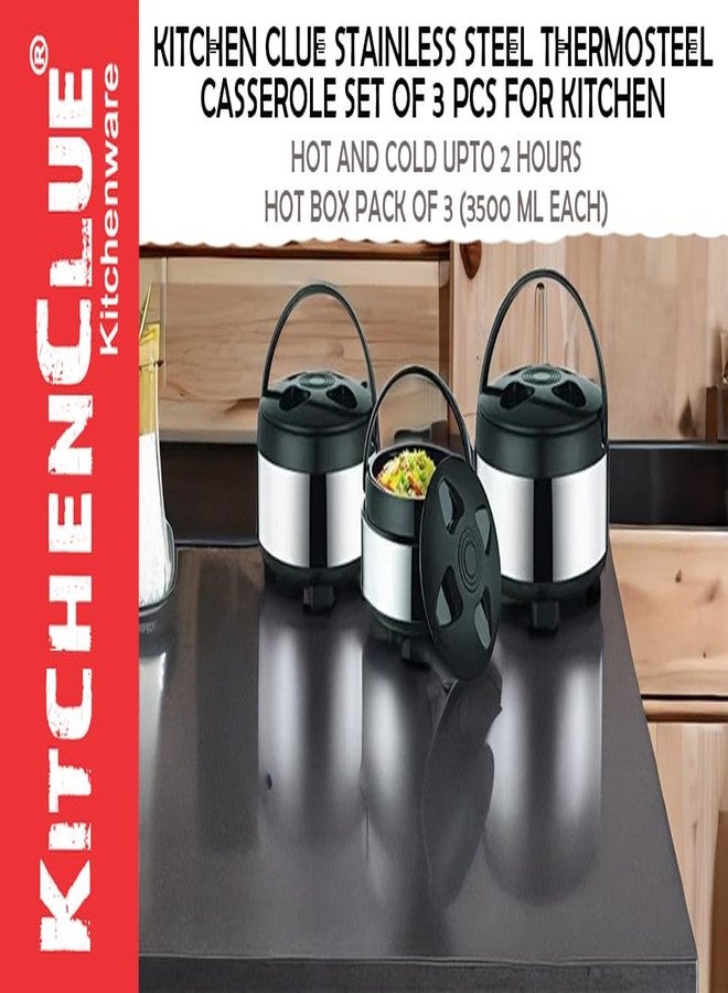 KITCHEN CLUE® Stainless Steel Insulated Casserole Hot-Pot with Plastic Cover with Easy to Carry Handle I 3500 ML Set of 3 Pcs I Hot Boxes for Kitchen Big Size Casserole Set 3.5 Liters - Image 3