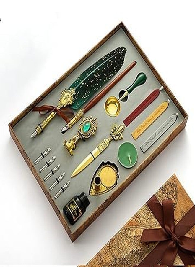 GOODIEBOX مجموعة أقلام وحبر من GOODIEBOX، ريشة للخط، ختم شمعي، حبر، 5 رؤوس بديلة، 3 أعواد ختم شمعي، قاعدة رأس القلم، ختم، شمع أبيض، ملعقة (خضراء) - Image 1