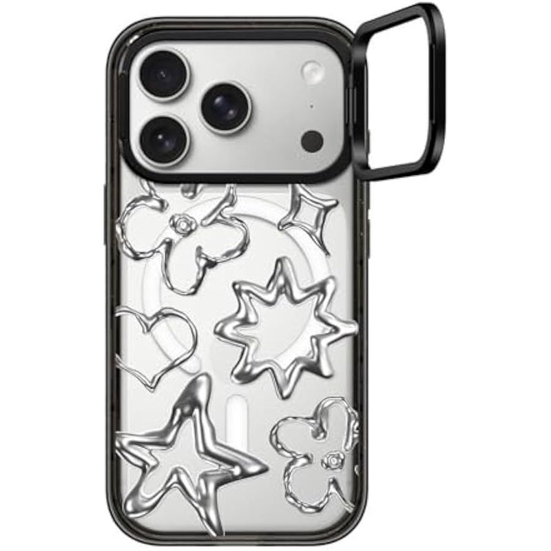 Casetify Impact Ring Stand iPhone 17 Pro Case 【Kickstand/Compatible with Magsafe / 6.5 ft. 3X Military Grade Drop Protection】 - Chrome Doodles - Clear Black - Image 1