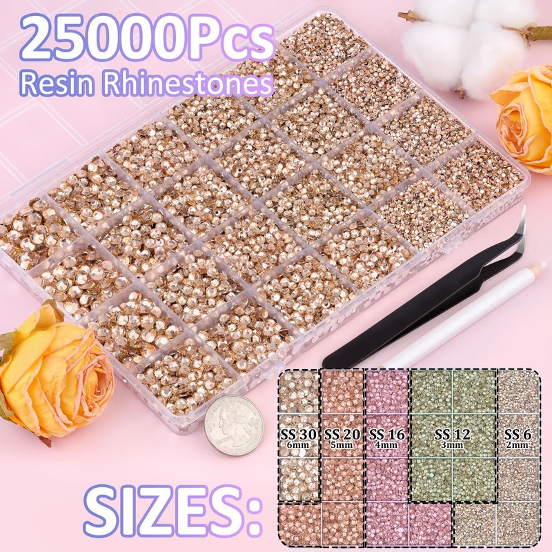 TINKRSTUFF 25000Pcs Resin Rhinestones with Tweezers for Crafting, Champagne 2-6mm Mixed Sizes Bedazzling Crystal with 3Pcs 10ml B7000 Jewelry Glue for DIY Crafts Clothing Tumblers Shoes Fabric Nail Art - Image 2