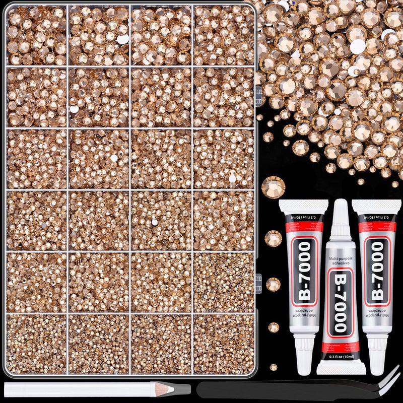 TINKRSTUFF 25000Pcs Resin Rhinestones with Tweezers for Crafting, Champagne 2-6mm Mixed Sizes Bedazzling Crystal with 3Pcs 10ml B7000 Jewelry Glue for DIY Crafts Clothing Tumblers Shoes Fabric Nail Art - Image 1