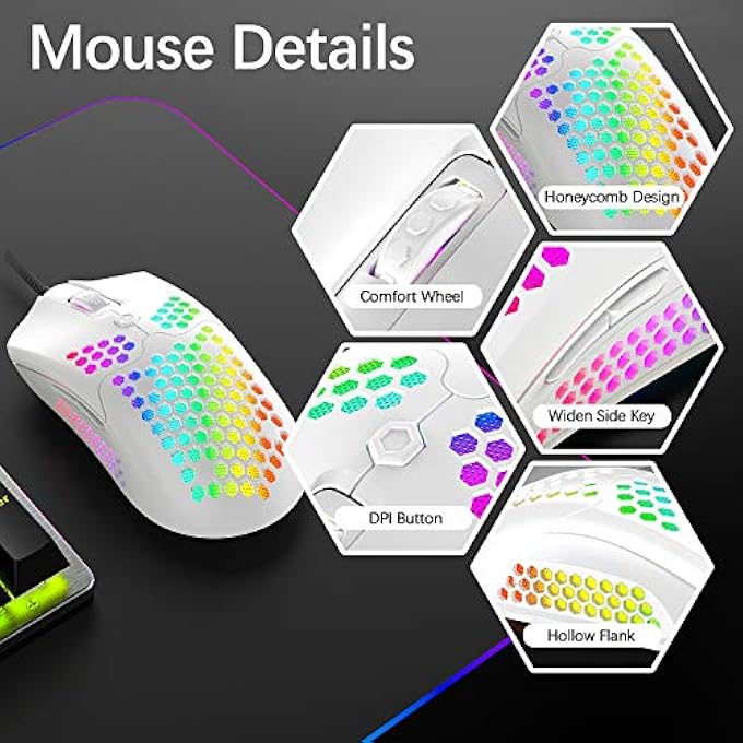 rayihni RGB WIRED LIGHTWEIGHT GAMING MOUSE, 65G WITH HONEYCOMB SHELL ULTRALIGHT ULTRAWEAVE CABLE, 26 RGB BACKLIT, 12000DPI PROGRAMMABLE DRIVE 7 BUTTONS OPTICAL MICE - Image 2