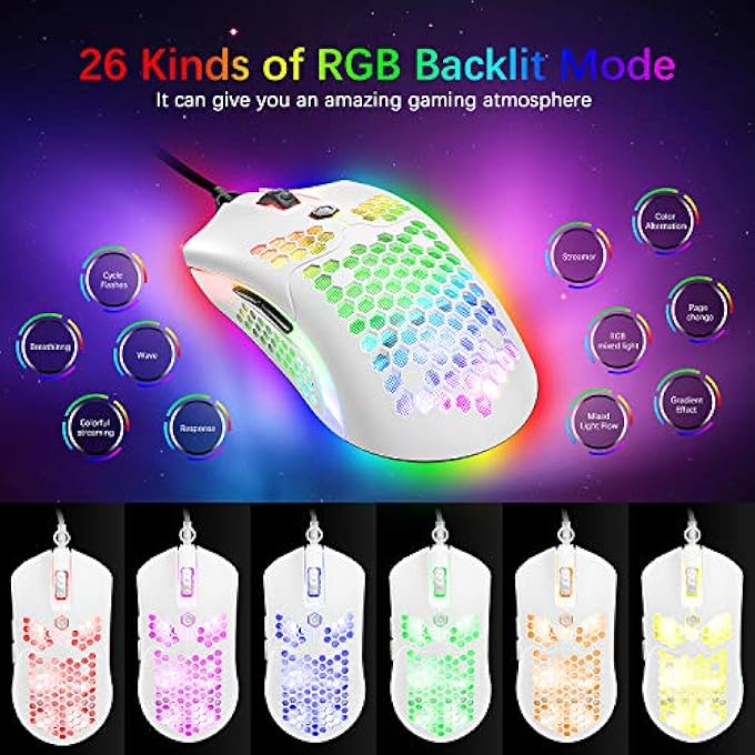 rayihni RGB WIRED LIGHTWEIGHT GAMING MOUSE, 65G WITH HONEYCOMB SHELL ULTRALIGHT ULTRAWEAVE CABLE, 26 RGB BACKLIT, 12000DPI PROGRAMMABLE DRIVE 7 BUTTONS OPTICAL MICE - Image 3