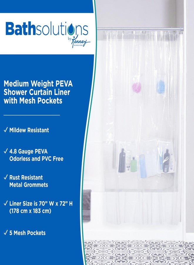 كيني بطانة ستارة حمام كيني KN61447 متوسطة الوزن، مصنوعة من مادة PEVA المقاومة للماء بسماكة 5، مزودة بـ 5 جيوب تخزين شبكية وحلقات معدنية مقاومة للصدأ، مقاس 70 بوصة عرض × 72 بوصة ارتفاع، شفافة - Image 2